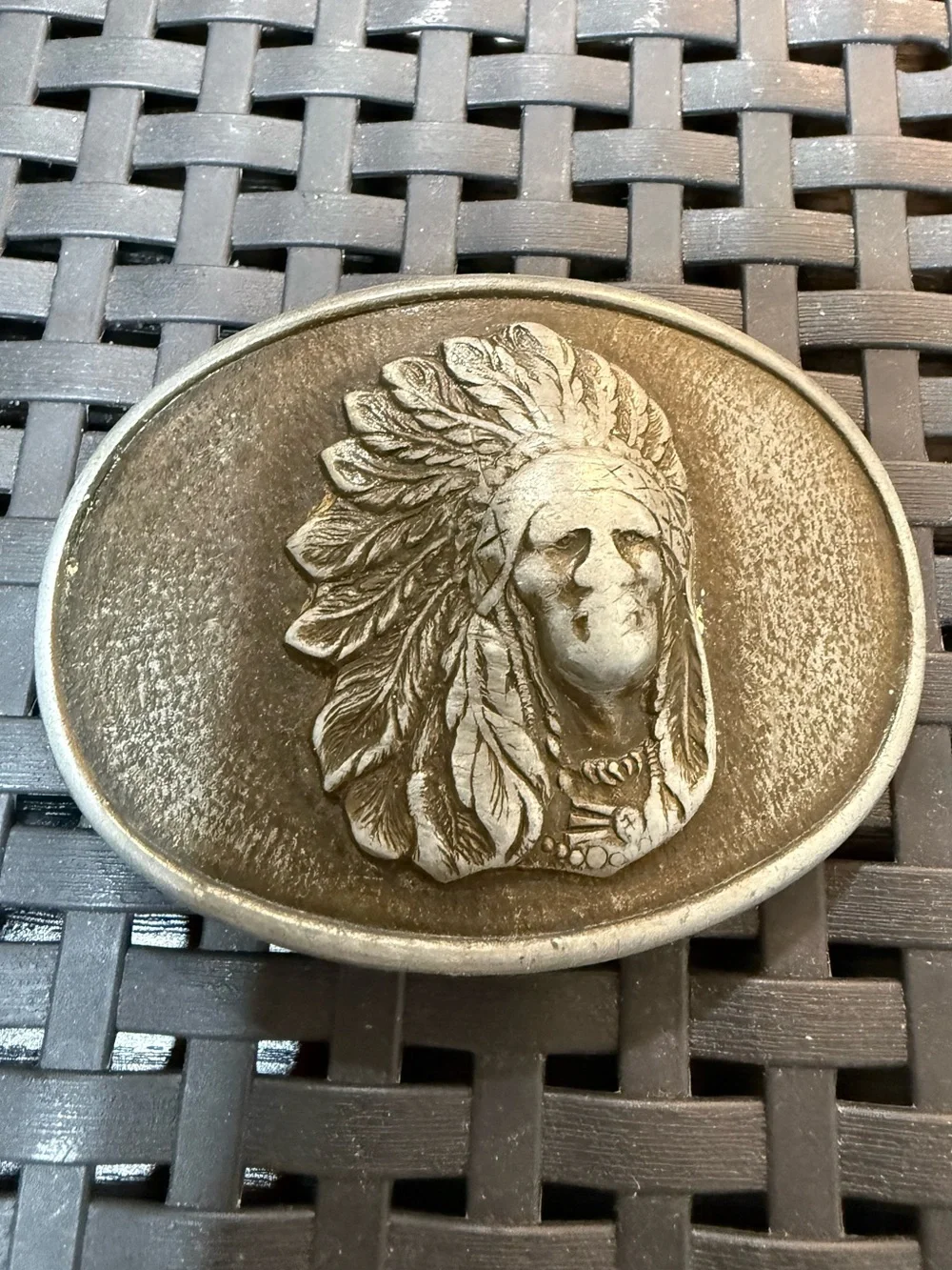 Vintage Native American Chief Belt Buckle Oval Pewter Tone Western Biker 3.5”